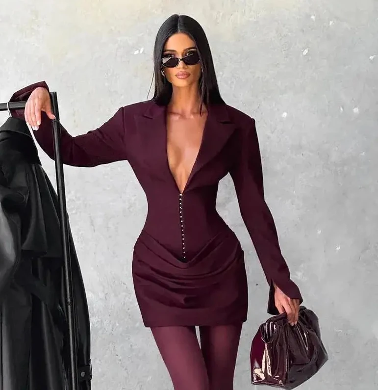 

Casual Pleated Sexy Dress Women Elegant Party Dress Blazer Long Sleeves Bodycon Mini Autumn Winter Dress Vestidos