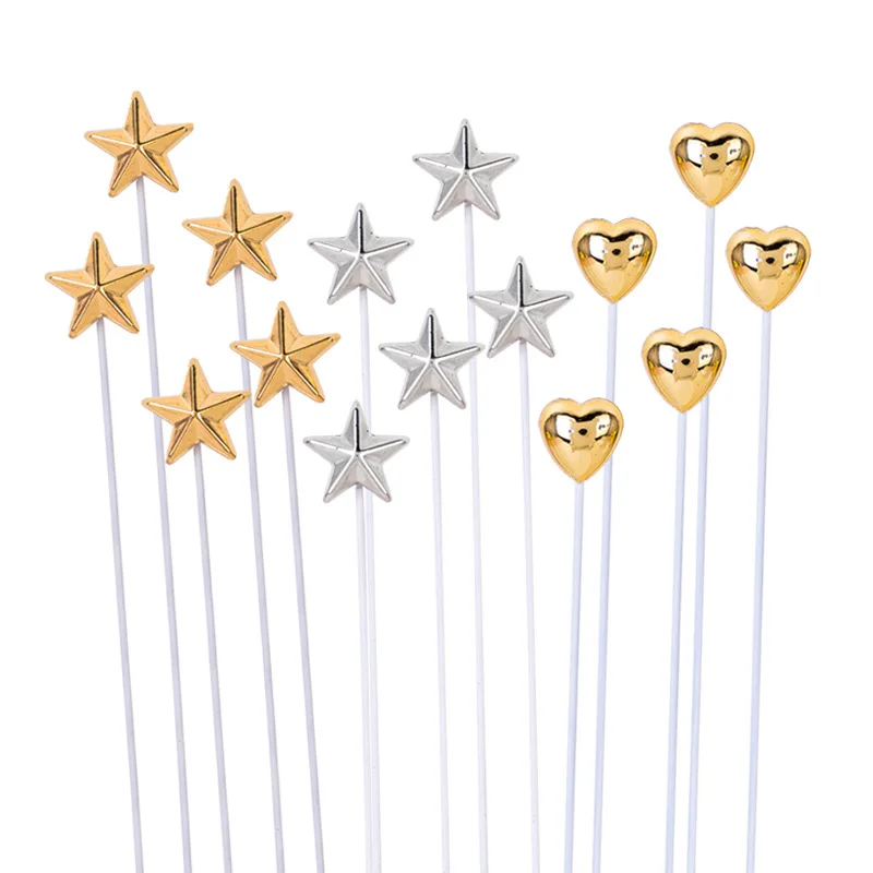 Three-dimensional Star Golden Five-pointed Star, Heart-shaped Plug-in, Birthday Cake Decorative Card Dessert Table