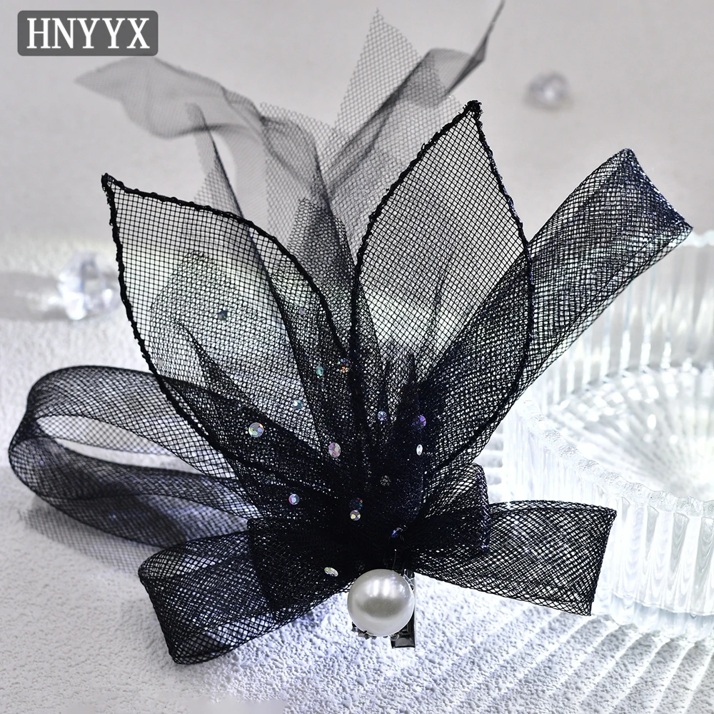 HNYYX Bow Net Hairpin Elegant Ladies Black Pearl Hair Piece Vintage Bridal Wedding Head Piece Party Fashion Haircilps A181