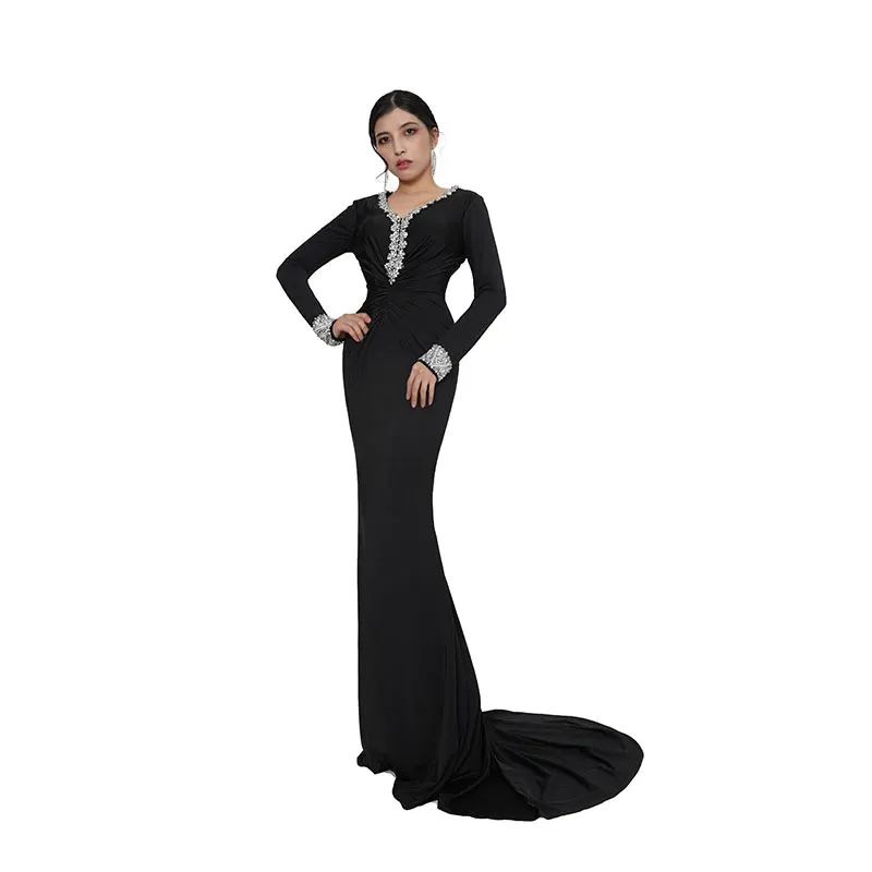 

Baisha Customized Long Evening Gown Sexy V Neck Gala Dress For Women Shredded Milk Material Handmade Beaded Long Sleeve H1208