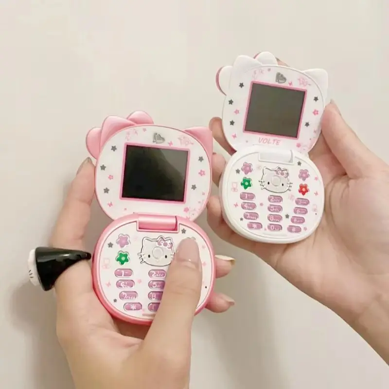 

New Arrival Kawaii Anime Peripheral Products Hello Kitty Flip Phone Toy Cartoon Cute Children White Pink Mini Toys Festival Gift