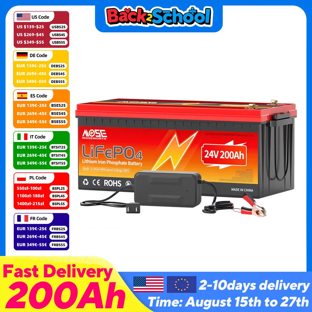 

MOSEWORTH 24V 200Ah LiFepo4 Battery Built in 200A BMS Rechargeable Lithium Batteries for Boat Marine RV Solar Trolling Motor