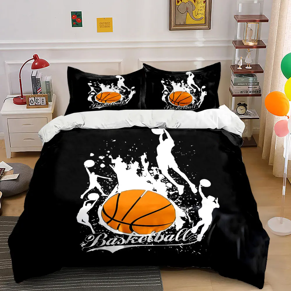 Basketball and Player Silhouettes Design Printed Duvet Cover Set 1 Duvet Cover+2 Pillowcase Multi Size Bedroom Bedding Decor
