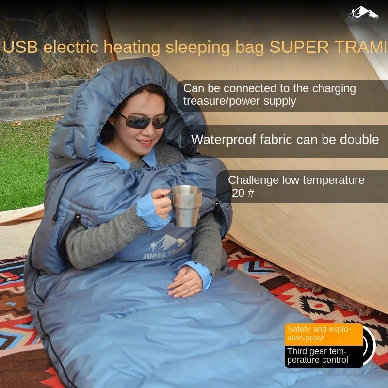 كيس نوم سميك USB التدفئة التخييم المشي لمسافات طويلة اتصال بنك الطاقة الشتاء الخريف كيس النوم في الهواء الطلق بقاء مخيم والعتاد