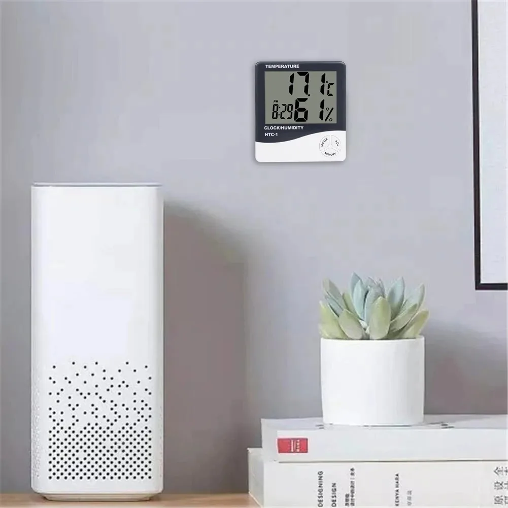 Termômetro Higrômetro Eletrônico LCD HTC-1, Estação Meteorológica com Relógio, Medidor Digital de Temperatura e Umidade para Uso Doméstico