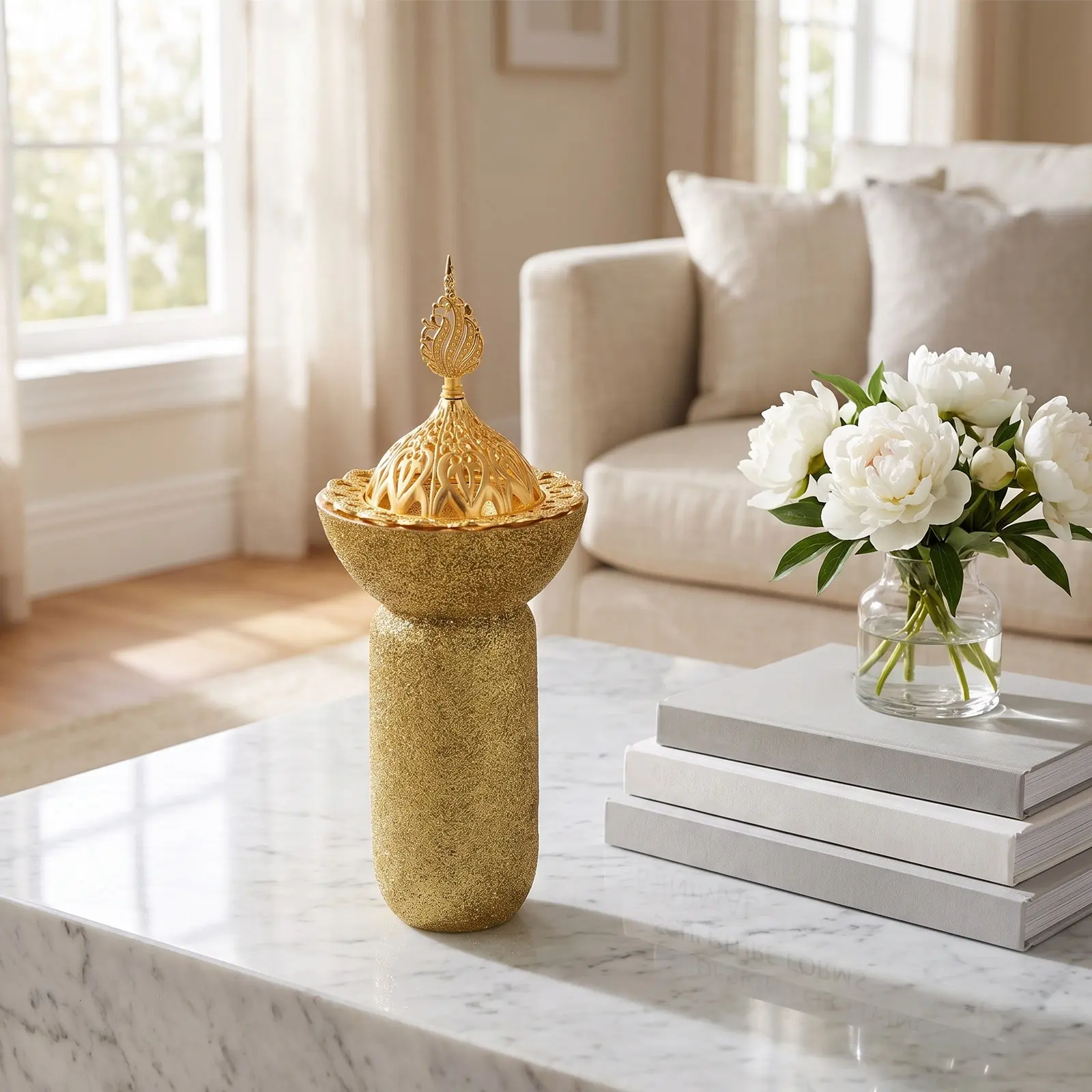 Frankincense Resin Incense Burner Tall Arabic Bukhoor Holder Glitter Handle Decorative for Meditation Yoga Spa Aromatherapy