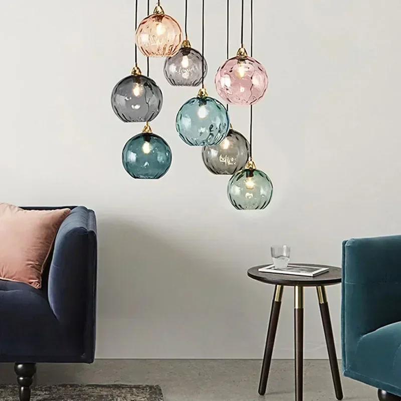 High-end Color Water Patterned Glass Ball Pendant Light Bedroom Bedside Lamp Creative Dining Living Room Bar Counter Chandelier