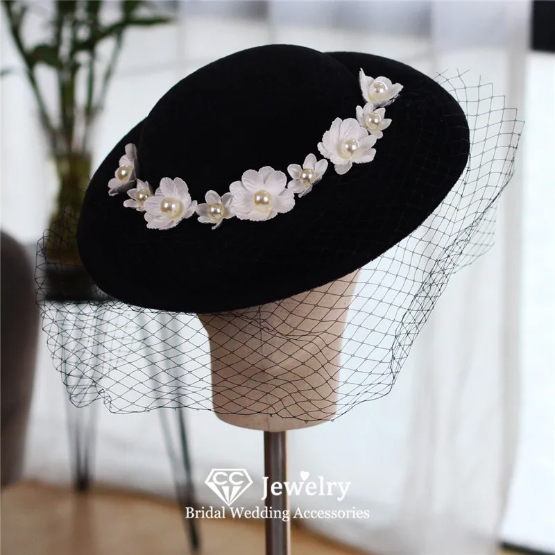 CC Velvet Hats Women Accessories Engagement Hair Ornaments Bridal Headwear Wedding Headdress Black Color Caps With Veils M005