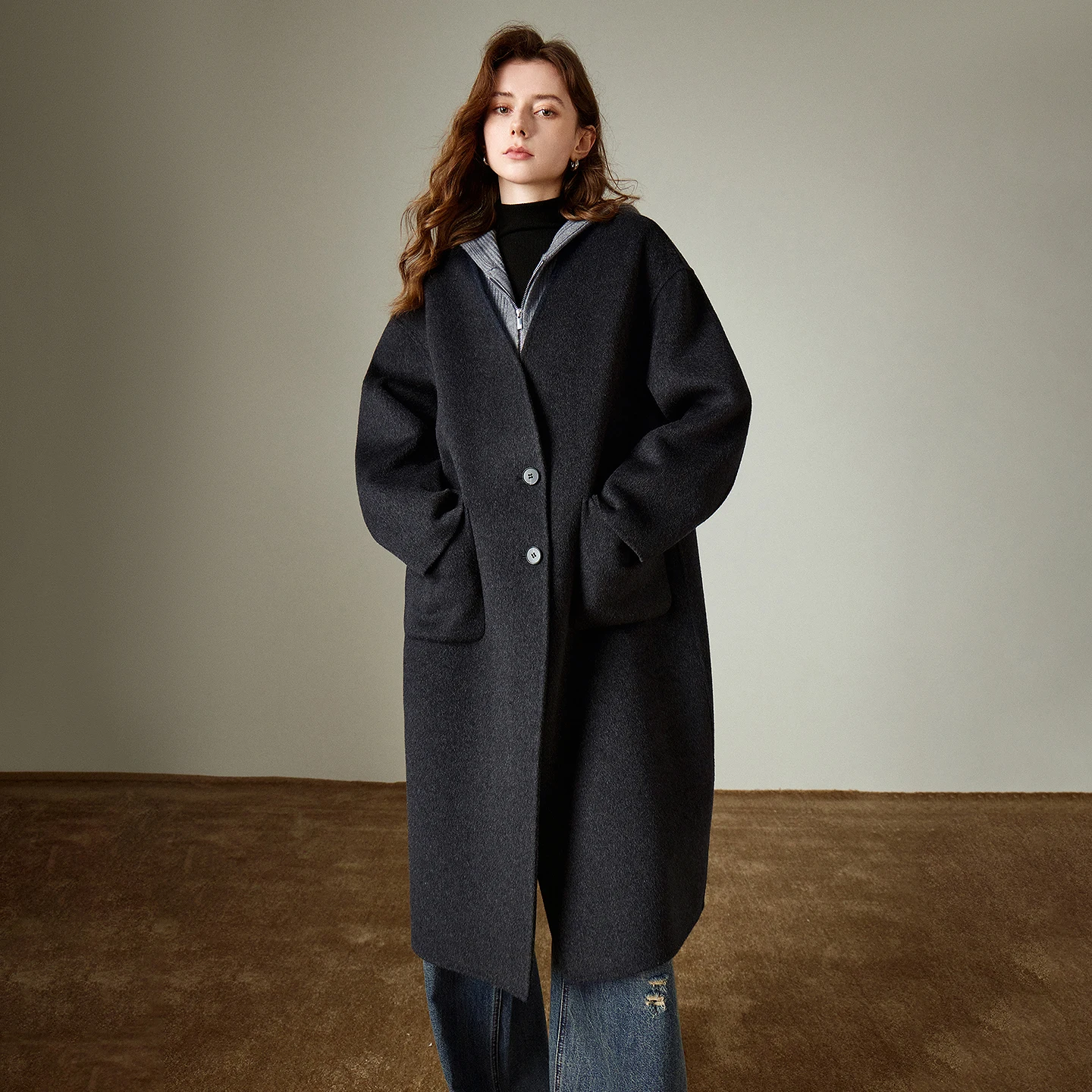 TOYOUTH 여성 울 코트 2025 겨울 신상 브이넥 중간 길이 레트로 여성 오버코트 재킷 카멜 블랙 그레이