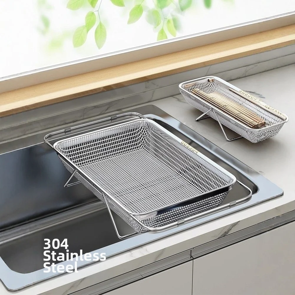 Stainless Steel Dish Drying Rack with Fine Mesh Bottom and Sturdy Telescoping Mechanism for Sinks Ranging 31 cm to 51.5 cm