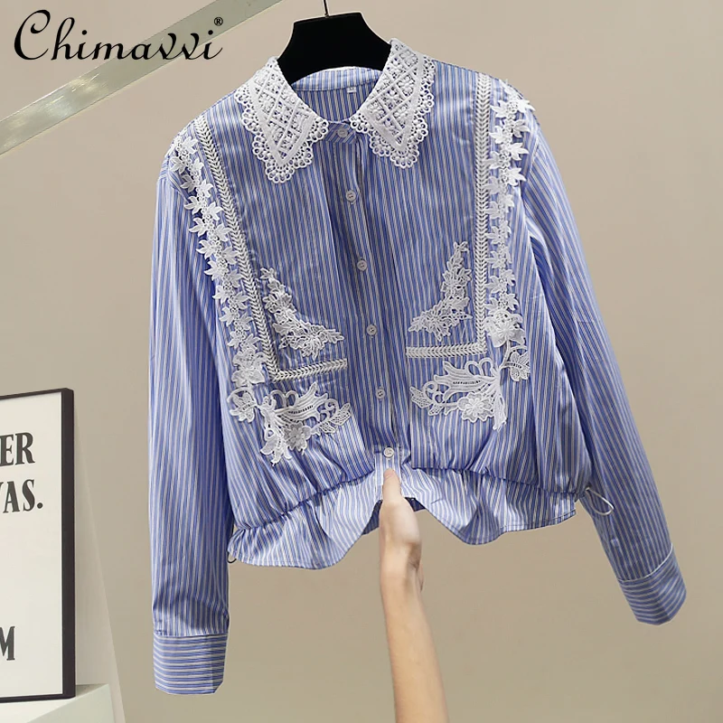 

New Fashion Heavy Patchwork Crochet Lace Striped Shirt 2025 Autumn Clothes Women's Loose Elegant Long Sleeve Blouse Ladies Top