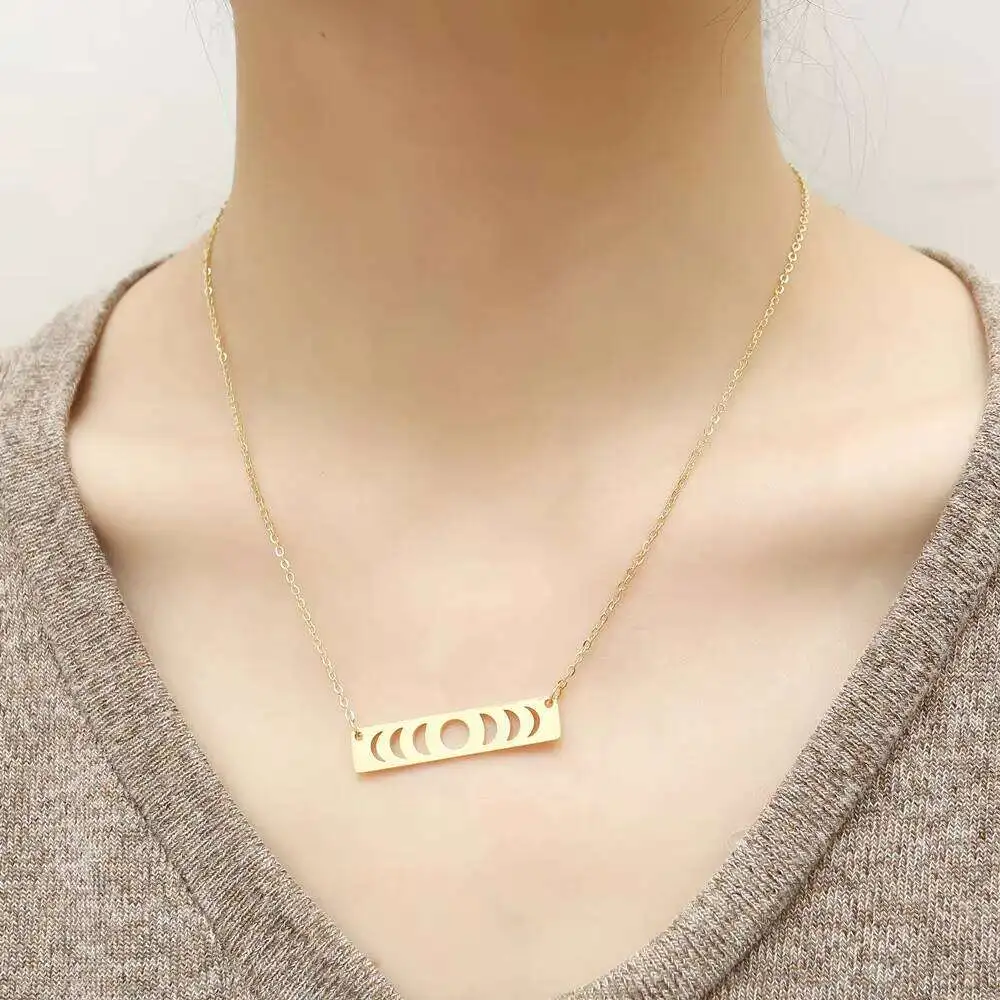 Stainless Steel Women Delicate Gold Plated Phase of The Moon Pendant Necklace Bar Jewelry Gift