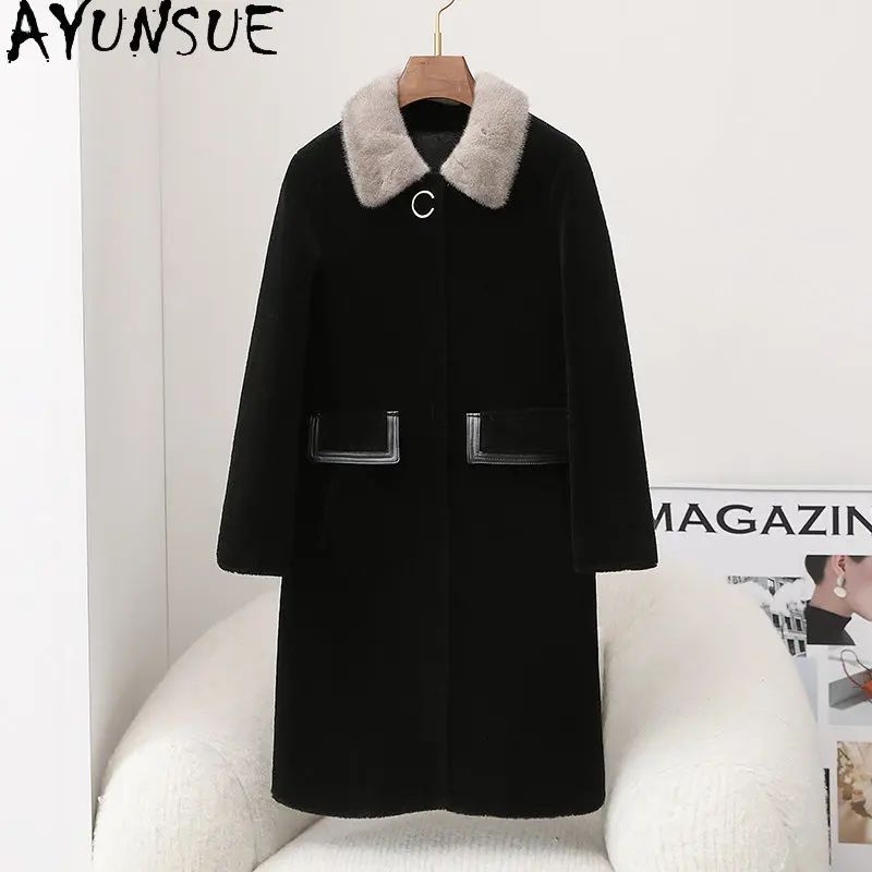 

AYUNSUE Winter Coat Women 100% Sheep Shearing Jacket Elegant Mink Fur Collar Wool Jackets Fur Coats Mid-length Streetwear SGG