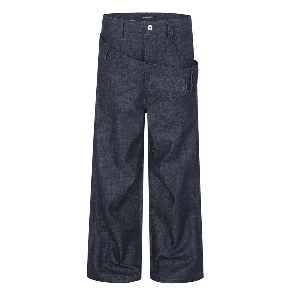 MWJLPWQ Double-Waisted Men's Jeans Loose Straight Cut Diagonal Patchwork Design Unique Niche Wide-Leg Trousers High Street 20960