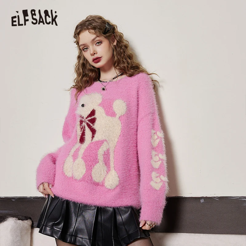 

ELFSACK Pullover Imitation Mink Hair Rabbit Hair Sweaters Women 2023 Winter Loose Long Sleeve Knitwears