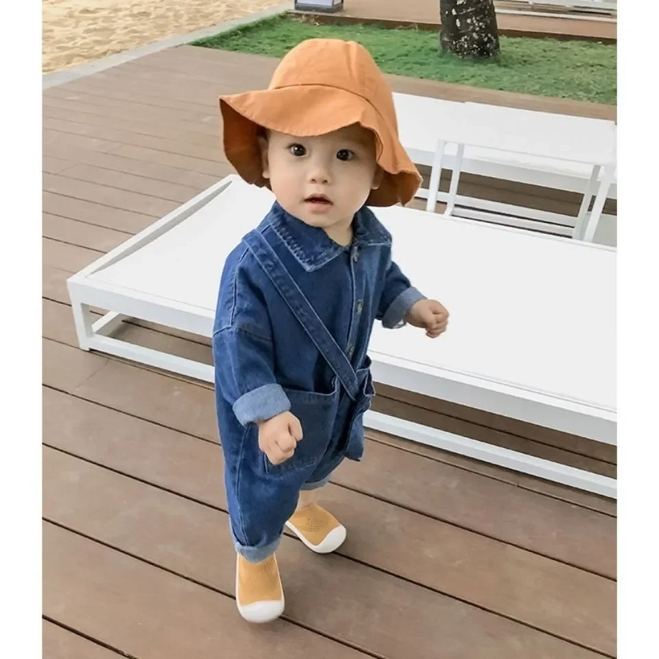 Denim Rompers For Infants And Toddlers Spring Autumn Long Sleeve Overalls Working Style Baby Crawler Pants Trendy For Boys And G