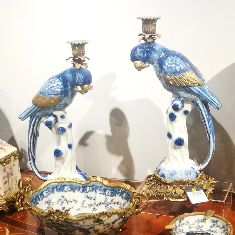 ntrance, ornamental fireplace, decorative ceramic blue and white, parrot candle holder, creative living room candle table 905