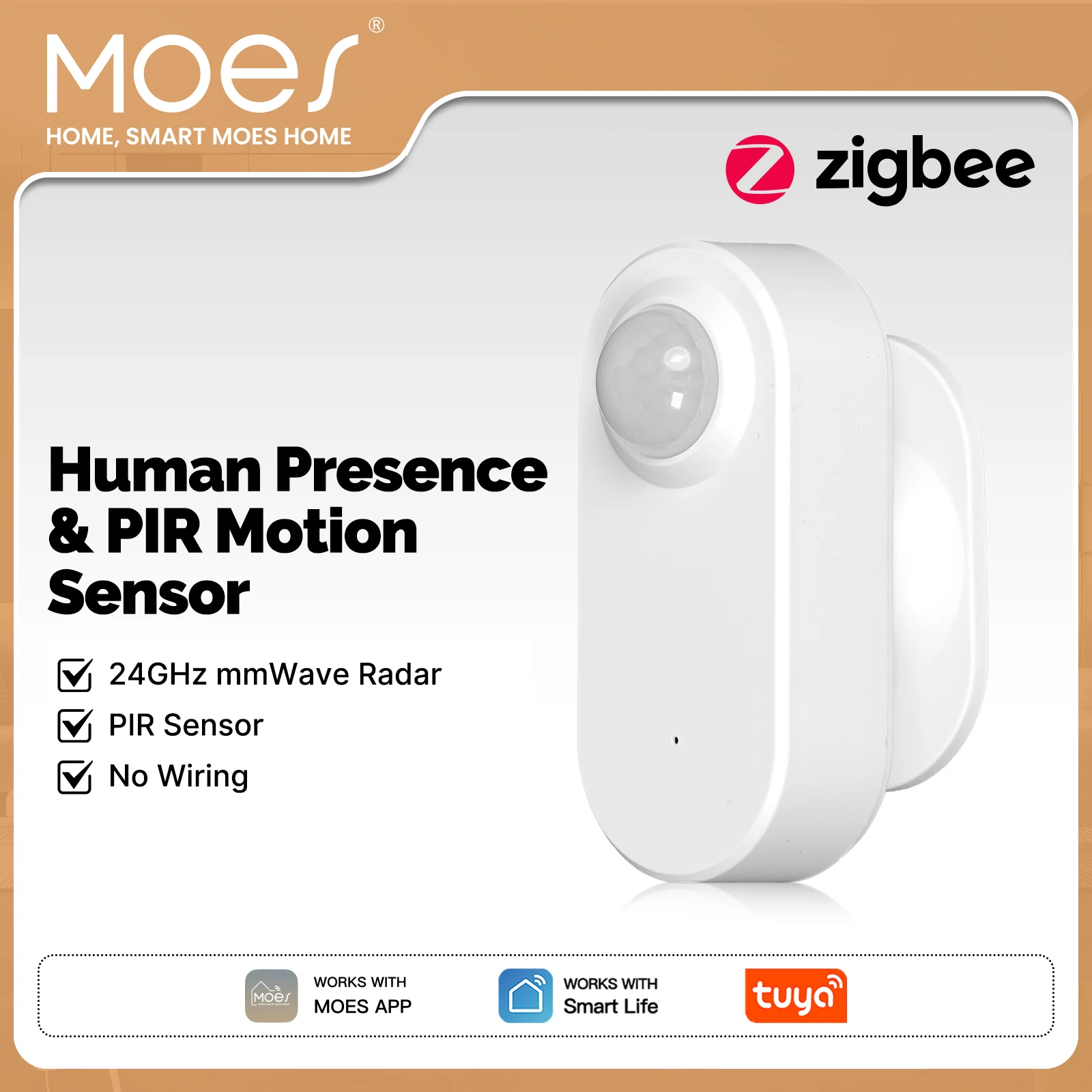 

MOES ZigBee 24GHz Radar Presence Sensor Smart PIR Motion & Motionless Detection Wireless Tuya Smart Life App