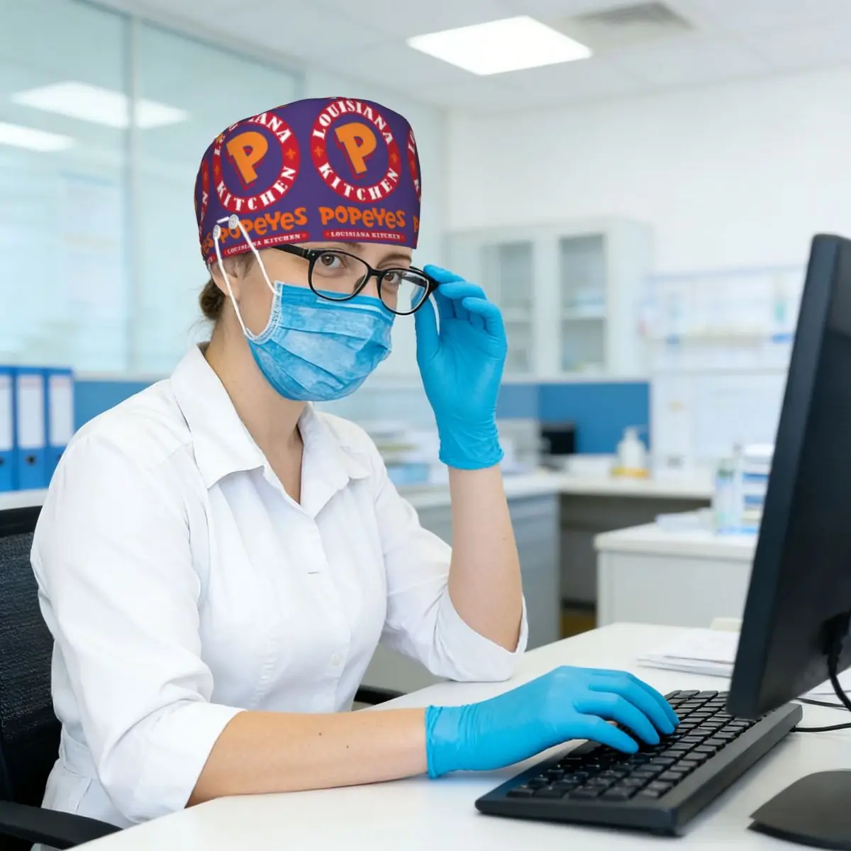 Popeyes Louisiana Kitchen Logo Scrub Hat Doctor Working Surgical Cap Men Women Adjustable Nursing Caps for Dentist