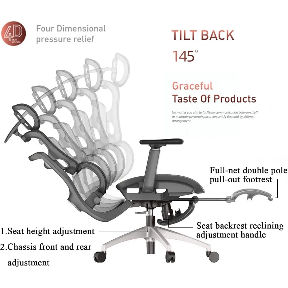 كرسي مكتب مريح، كرسي كمبيوتر شبكي عالي الظهر مع مسند رأس ثلاثي الأبعاد، دعم قطني قابل للتعديل، 145 °   الميل، مساند للذراعين ثلاثية الأبعاد، دوارة