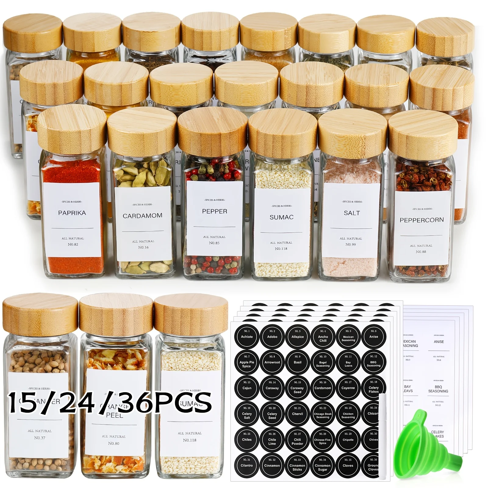 15/24/36 piezas de frascos para especias con etiquetas y tapas, 4 oz, botellas vacías para especias con embudo plegable, recipientes de vidrio para condimentos, frascos de almacenamiento, accesorios de cocina para restaurantes comerciales, frascos para condimentos de cocina