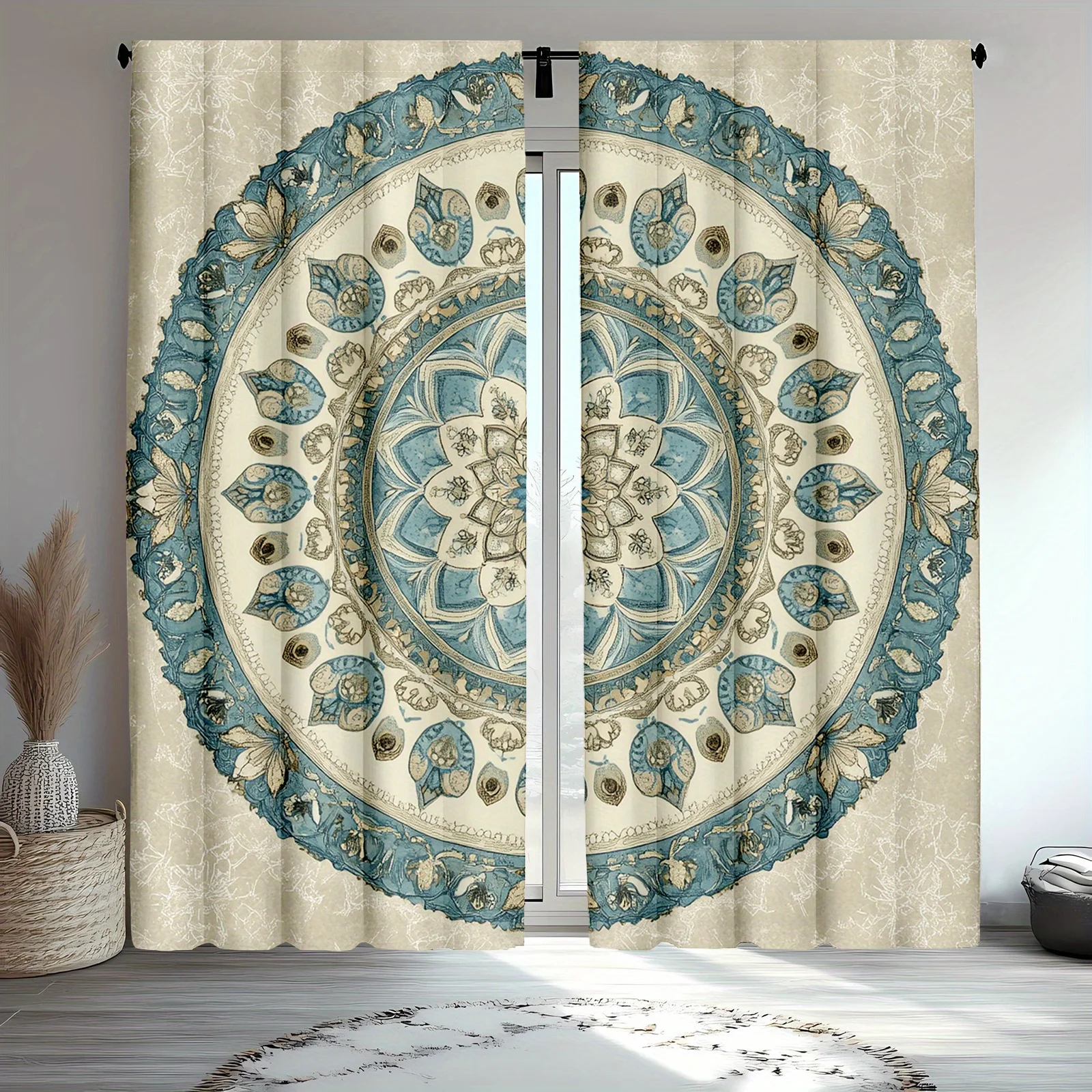 Luxury Teal Blue Medallion Floral Pattern Curtain Drapes Boho Window Treatment for Living Room Bedroom Home Decoration Style Tex