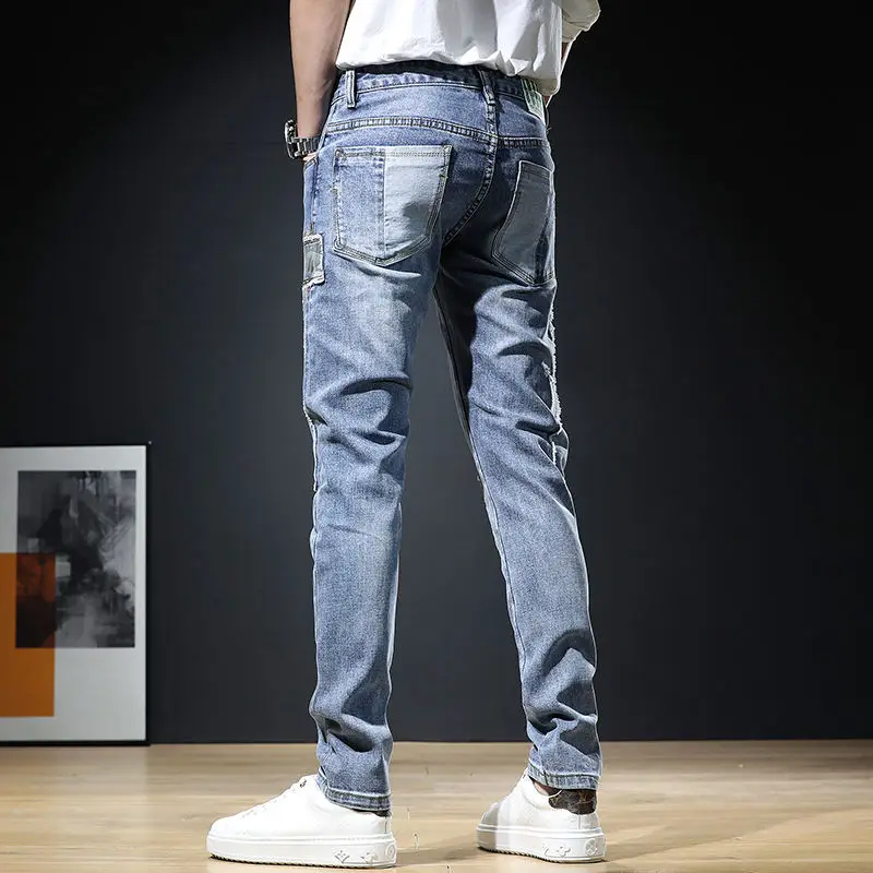 Autumn New Arrival Men\'s Jeans: Elastic Embroidered Patchwork Hip Hop Denim Pants Korean Style Slim Fit Cotton Trousers for Men