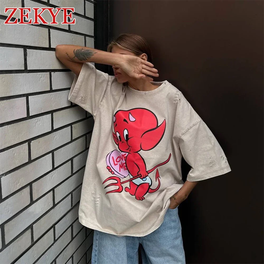 

Zekye Demon Printed Retro Khaki Tshirt Oversized Ripped Distressed Fashion Basic Summer T Shirt Women Graphic Aesthetic Basic