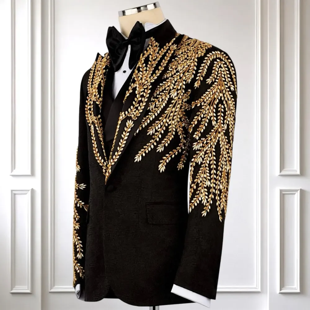 Luxury Slim Fit Men's Suit 2 Pieces One Button Beaded Crystals High Quality Groom Fashion for Wedding Formal Business Dinner Pro
