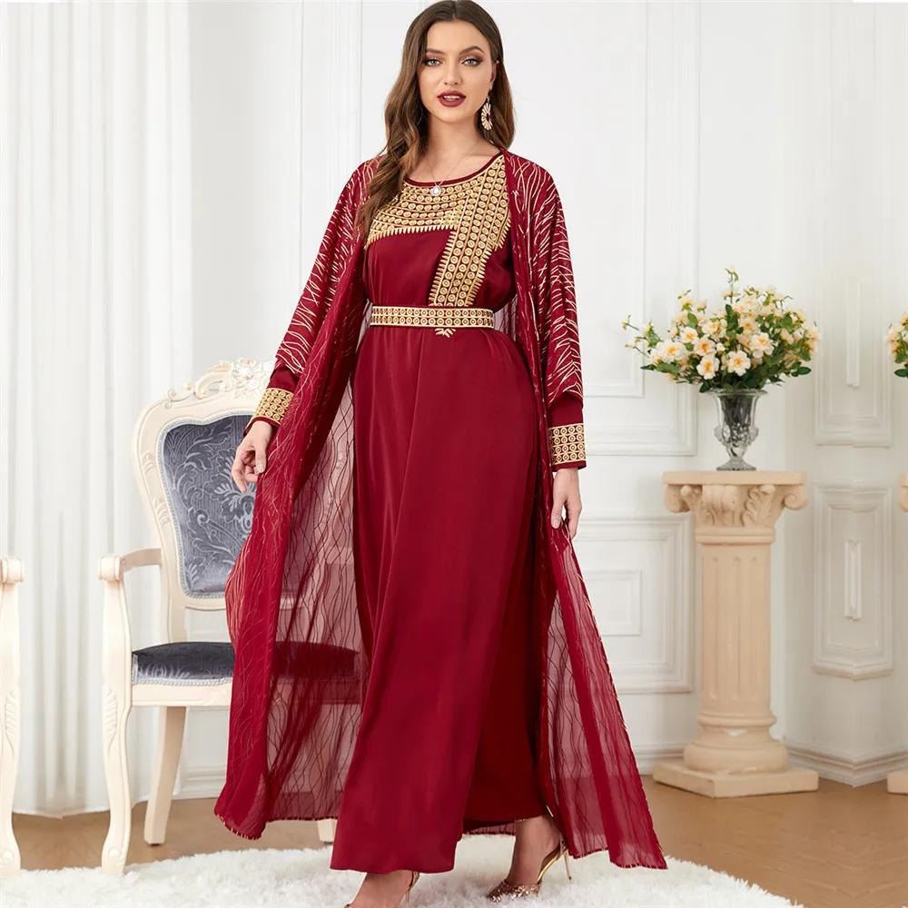 Muslim Fashion Chic Abayas Elegant Luxury Woman Dress 2024 O-Neck Long Dresses 2 Piece Sets Embroidery Belted Kaftan Ramadan