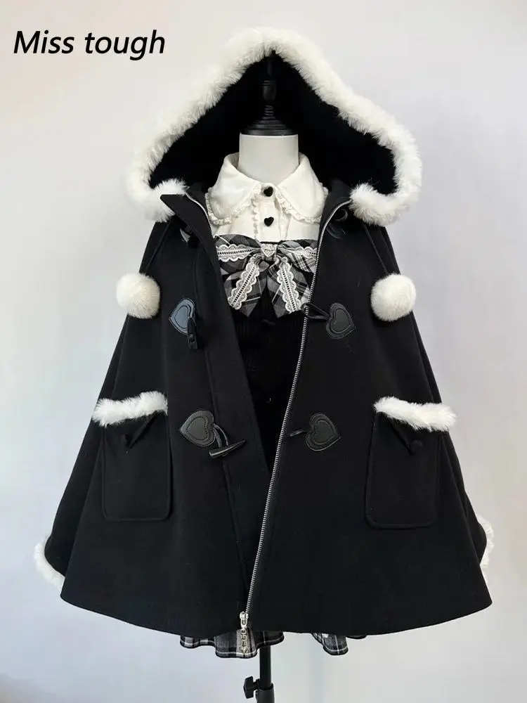 

Winter Japanese Gothic Women's Jacket Hooded Subcultural Y2k Fur Thickened Warm Coat Korean Fashion Lolita Sweet Design Chic Set