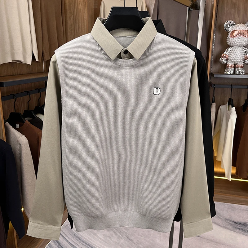 Men's Luxury Autumn Long Sleeves Fake Two-Piece Shirt Collar Embroidery Keep Warm Sweater Leisure Fashion Trend Versatile Tops