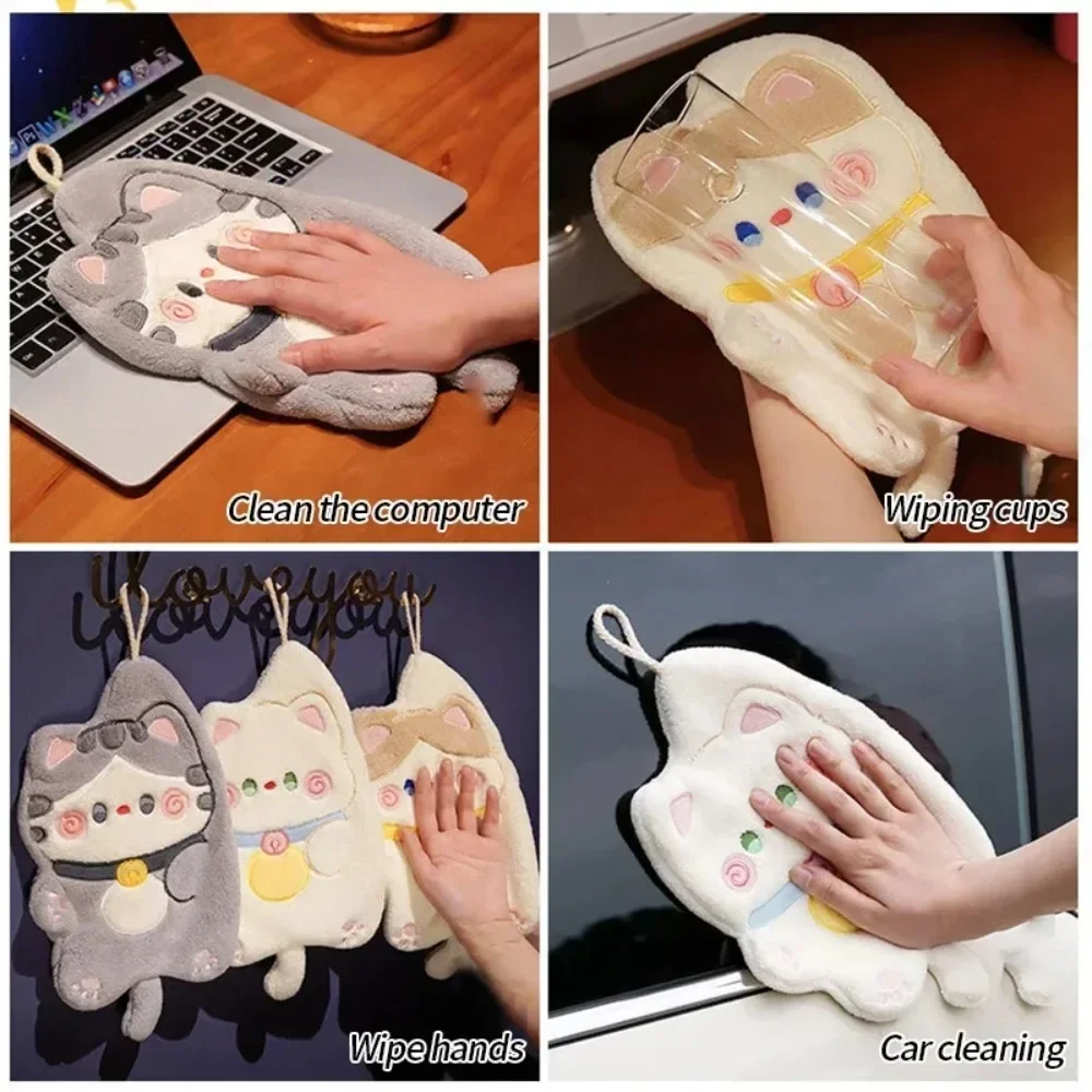 Cute Cat Hand Towel Quick Drying Kitchen Cleaning Rag Coral Velvet Cartoon Animal Absorbent Bathroom Hanging Towel Home Supplies