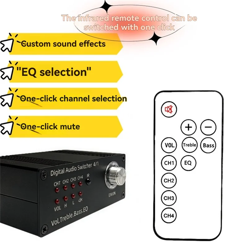 AA60-Stereo Audio Switcher 4 en 1 Ajuste de volumen Soporte de configuración de efectos de sonido de agudos y graves