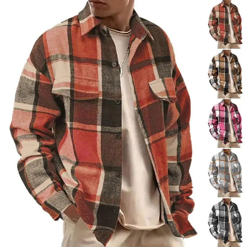 

Men's Plaid Shirt Flip Collar Brushed Long Sleeve Regular Fit Classic Style Casual Shirt for Summer Wear Inner Match