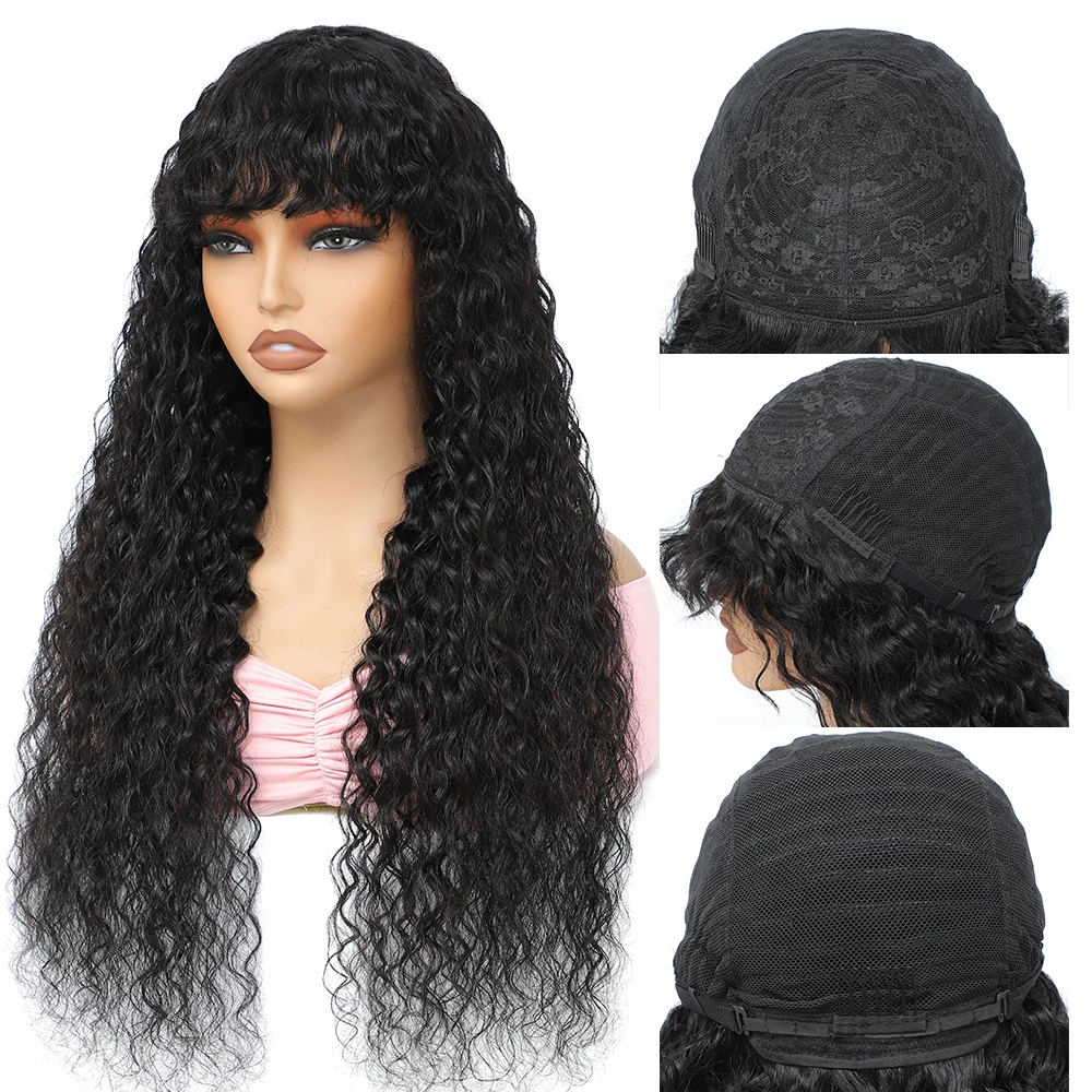 Water Curly Wig With Bangs Remy Brazilian Hair Full Machine Made Wigs Natural Color 16-24 Inch Curly Fringe Human Hair Wig