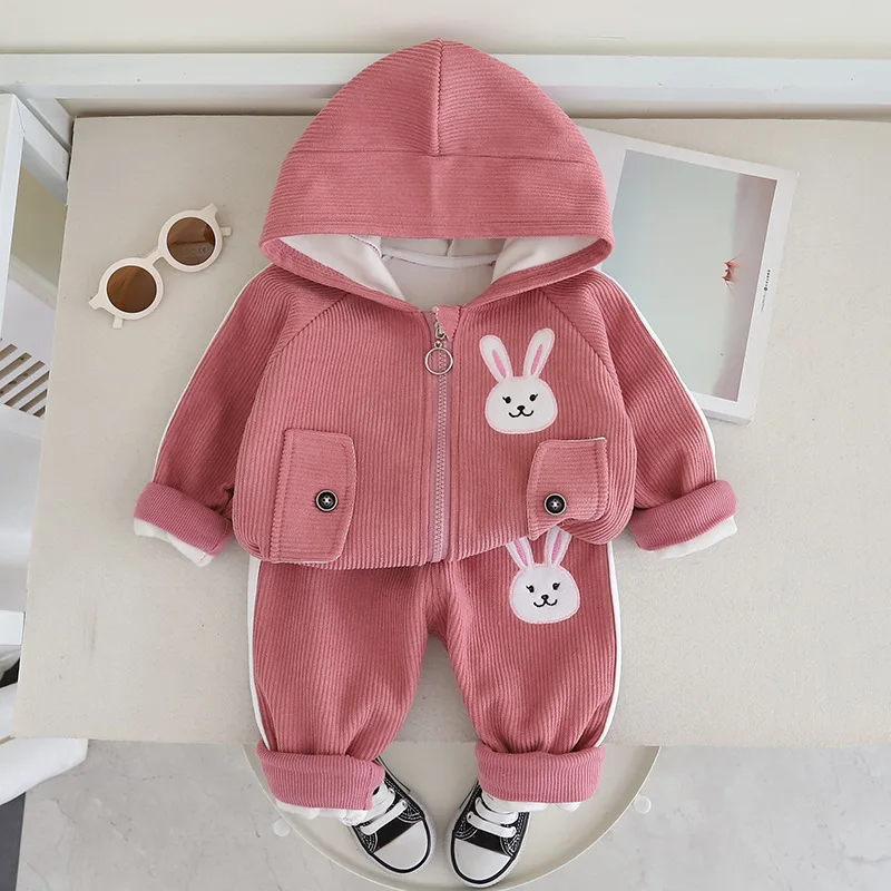 Clothing suit autumn and winter plus velvet warm girls hooded jacket / trousers 2-piece set 0-6 years old fashion children wear