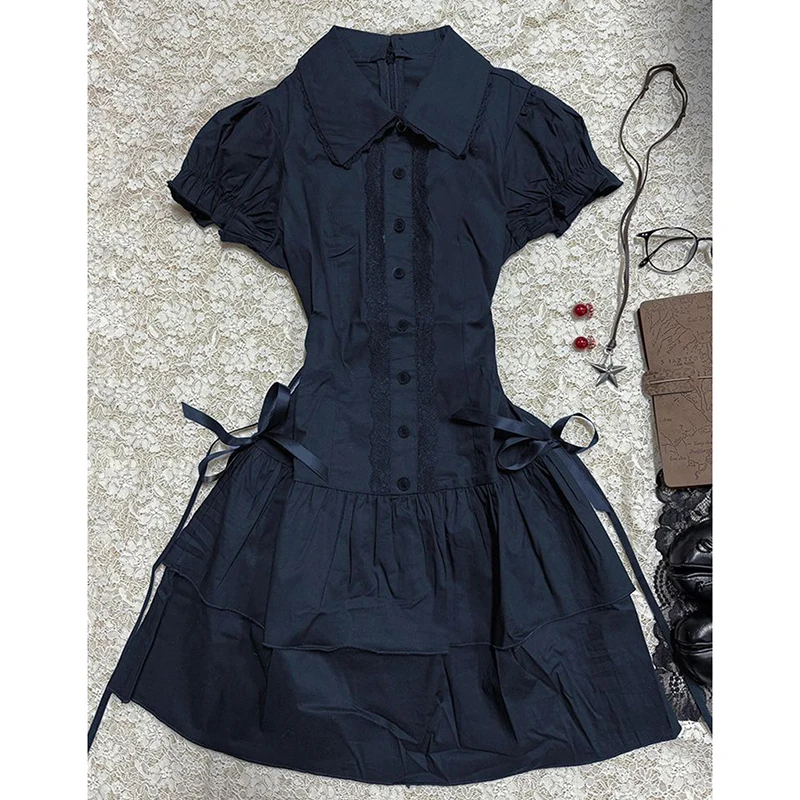 Vestido camisero de retazos de Encaje Vintage para mujer, vestido de manga corta con botones estilo pijo Lolita, Vestidos góticos escalonados Harajuku Y2K ajustados