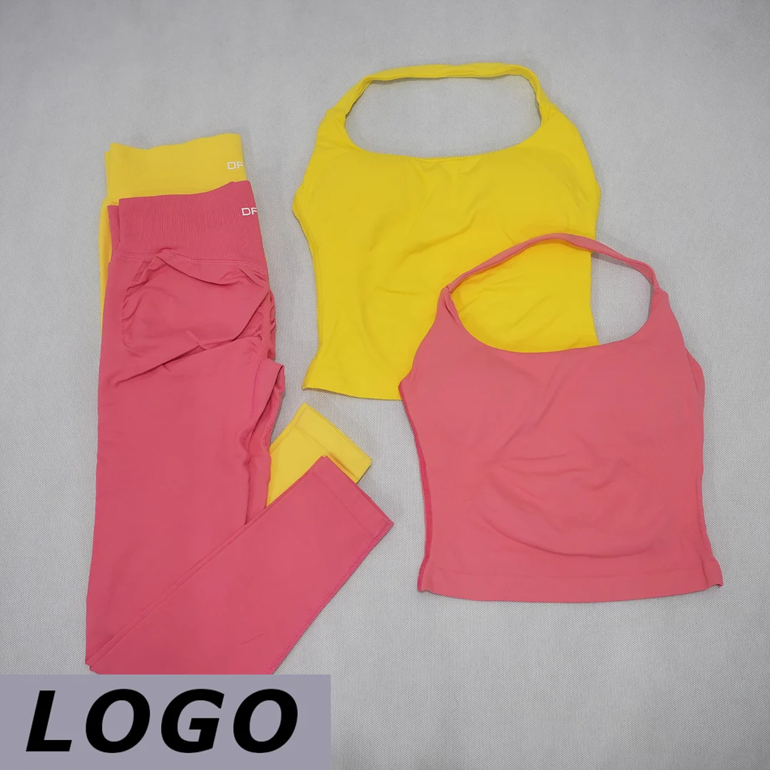 DF-LOGO Women U Neck Seamless 2PCS Yoga Outfit High Waist Butt Lifting Biker Shorts Soft Elastic Sportswear For Pilates Gym