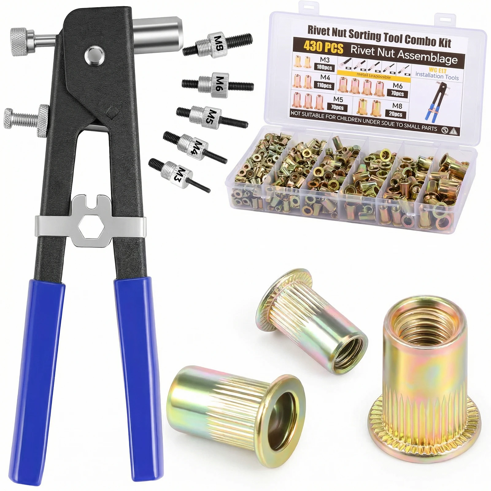 

Набор для установки метрических заклепочных гаек (430 шт.): M3, M4, M5, M6, M8, из легированной стали, для автомобилей, авиации и строительства