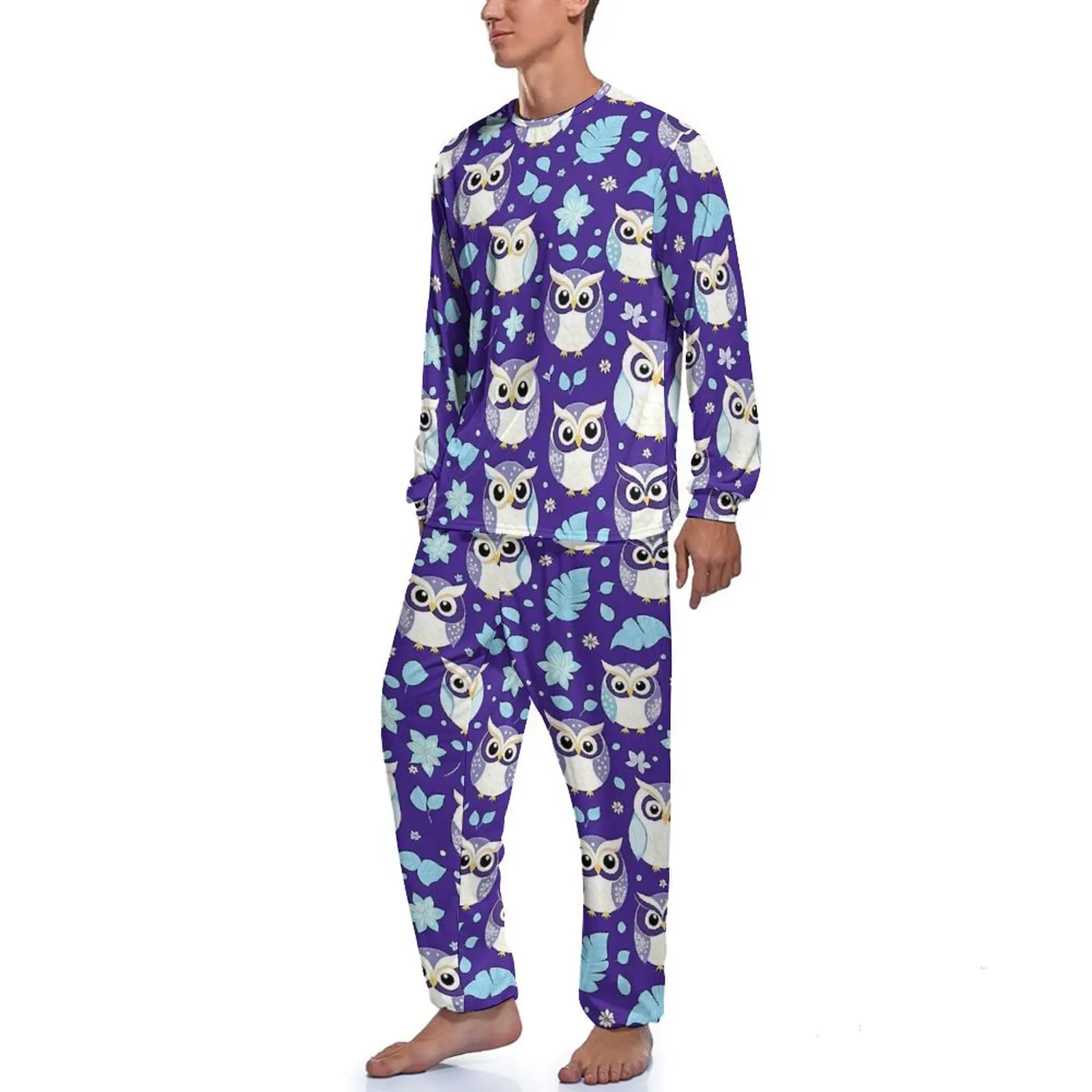 Cute Colorful Bold Owl Pajamas  Man Long Sleeve Trendy Pajamas Set 2 Piece Aesthetic Daily Custom Nightwear Gift