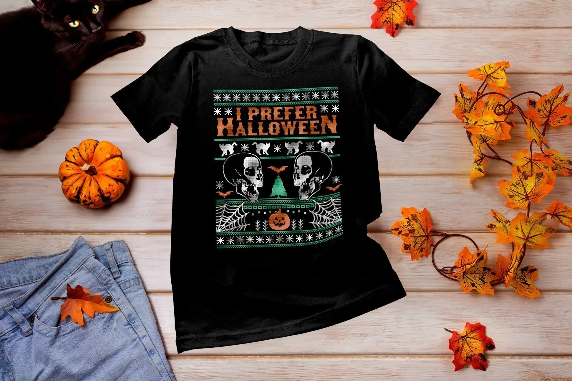 

I Prefer Halloween Ugly Sweater Style Graphic Tee Skeleton Skulls Print Men's T-Shirt