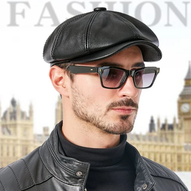 

Retro Octagonal Genuine Leather Hat Winter Men's Cowhide Leather Beret Elegant Fashion Student Tongue Cap Snapback Caps For Men
