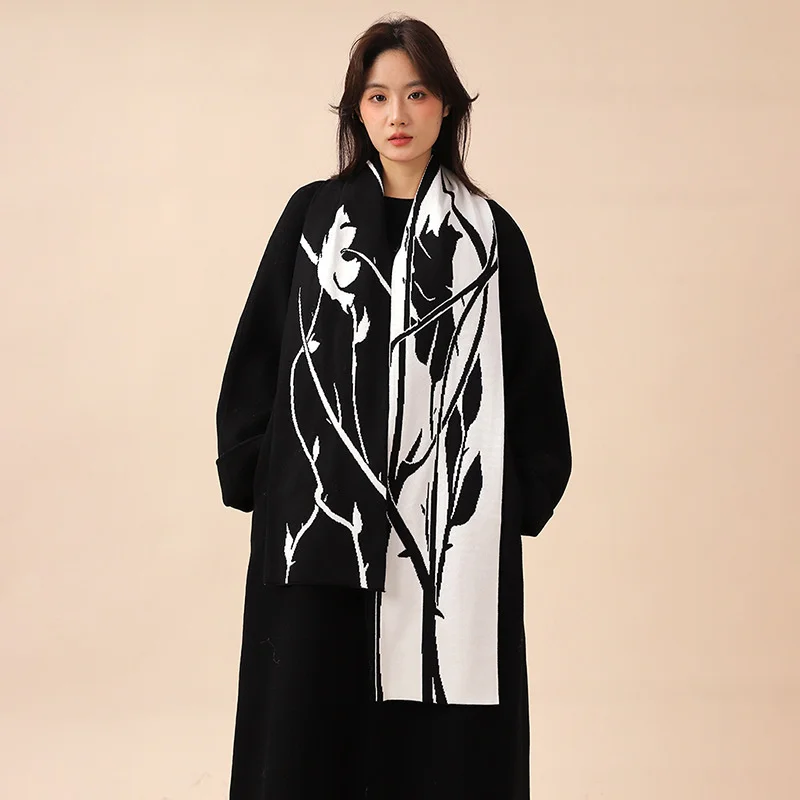 Scarf Trendy Double Sided Black White Thick Warm Protective Wool Neck Warmer for Women and Couples