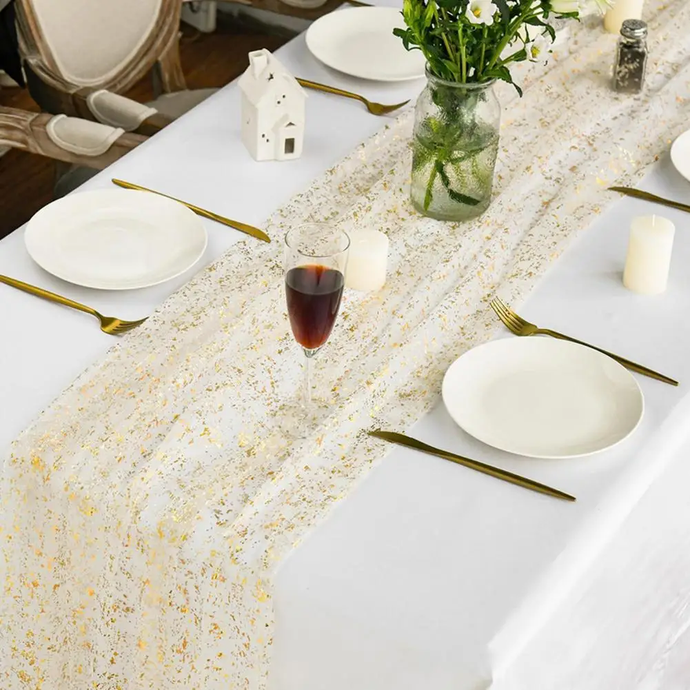 Golden Sequin Glitter Hot Stamping Table Flag Elegant Luxury Glitter Table Runner Soft European Style Mesh Birthday Table Runner