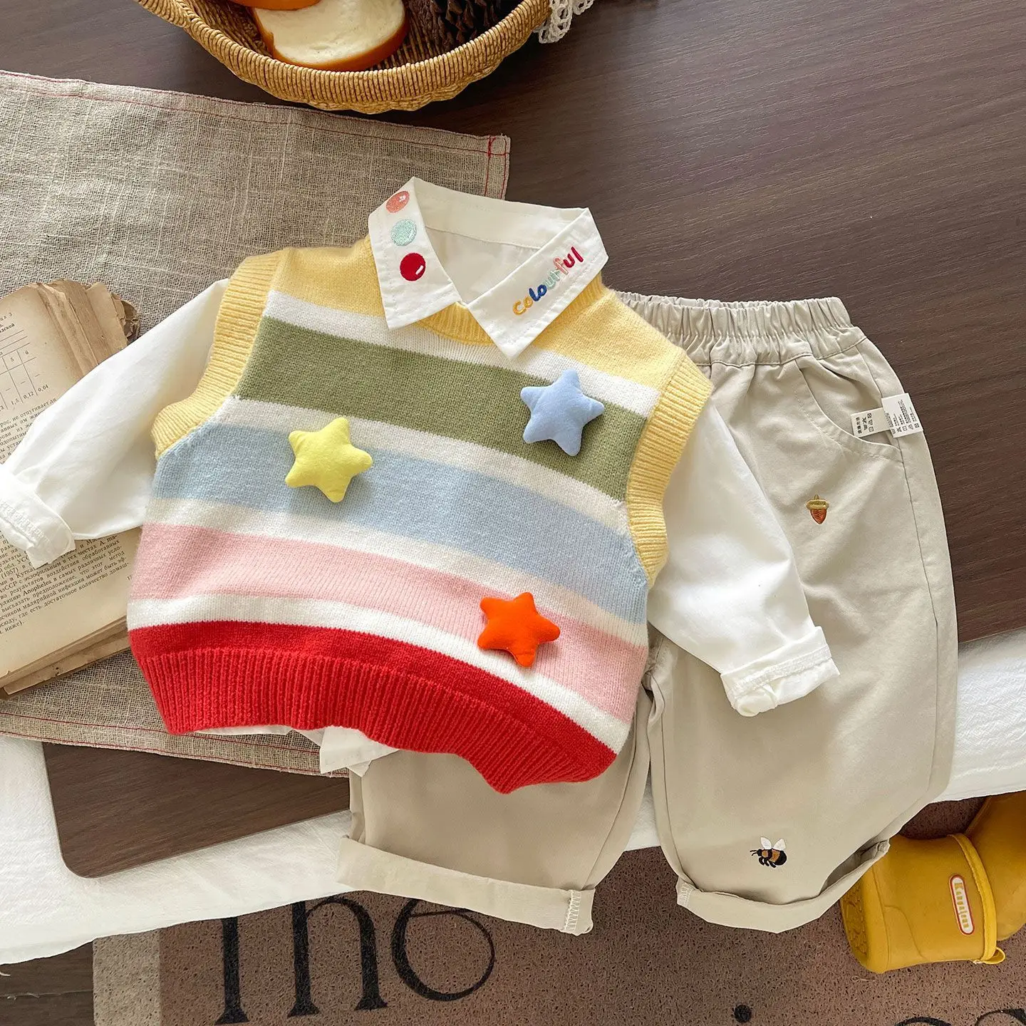 Boys Girls Spring Autumn Clothing Sets New Fashion Kids Rainbow Knit Vest Shirt and Pants 3-Piece Outfit Children Sweater Suit