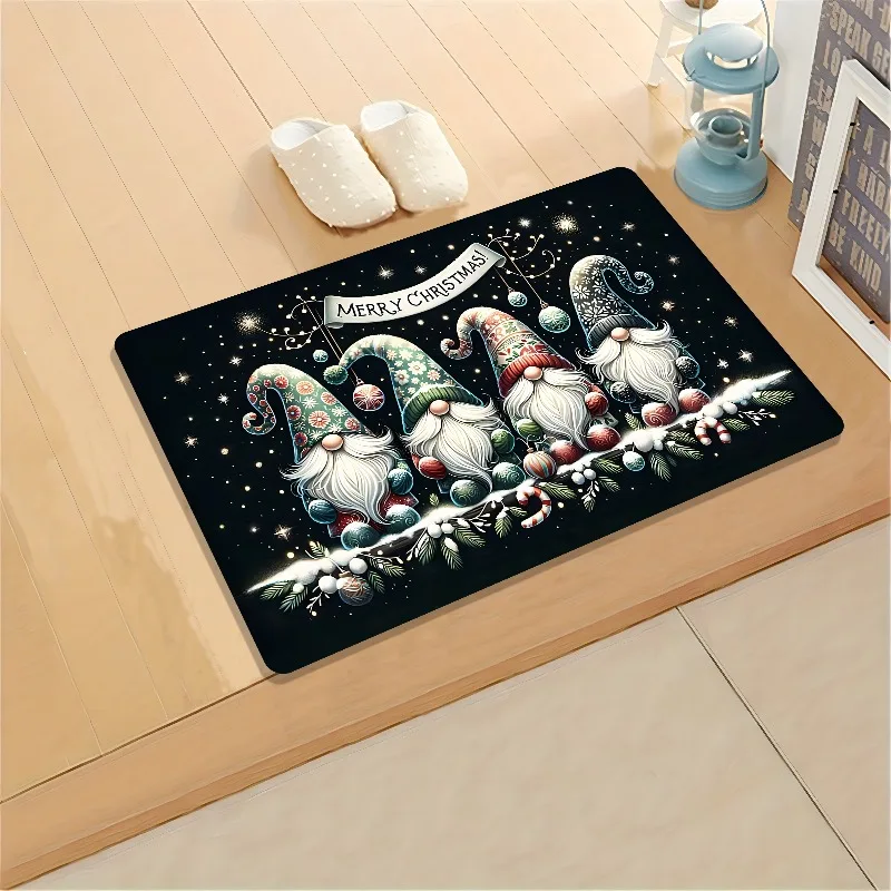 Christmas Gnomes Merry Christmas Banner Candy Cane Star Flannel Doormat Anti Slip Front Door Mat Holiday Home Entrance Decor Rug