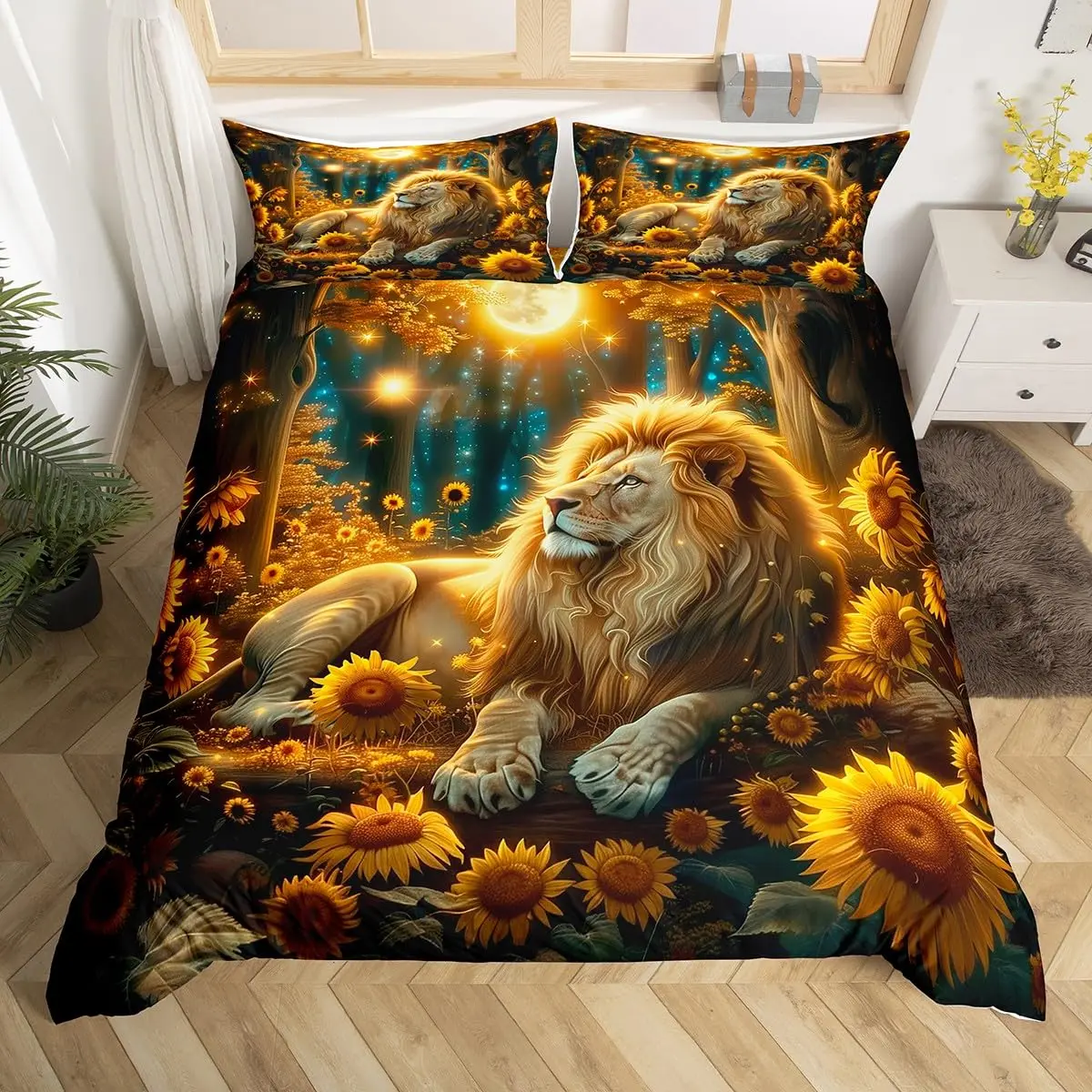 Lion Duvet Cover Set Twin Queen Size,3D Print Wildlife Bedding Set,Boys Men Room Decor,Tropical African Animal Comforter Cover