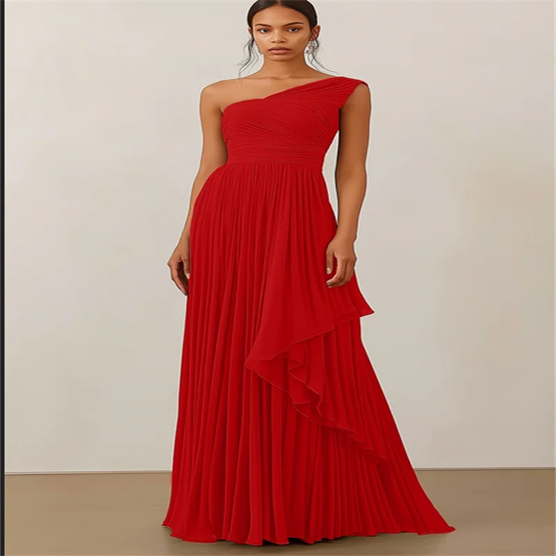 Chiffon formelle Abendkleider One Shoulder Lila Damen Langes Abendkleid Frau Elegante Partykleider für Hochzeit Frau Custom
