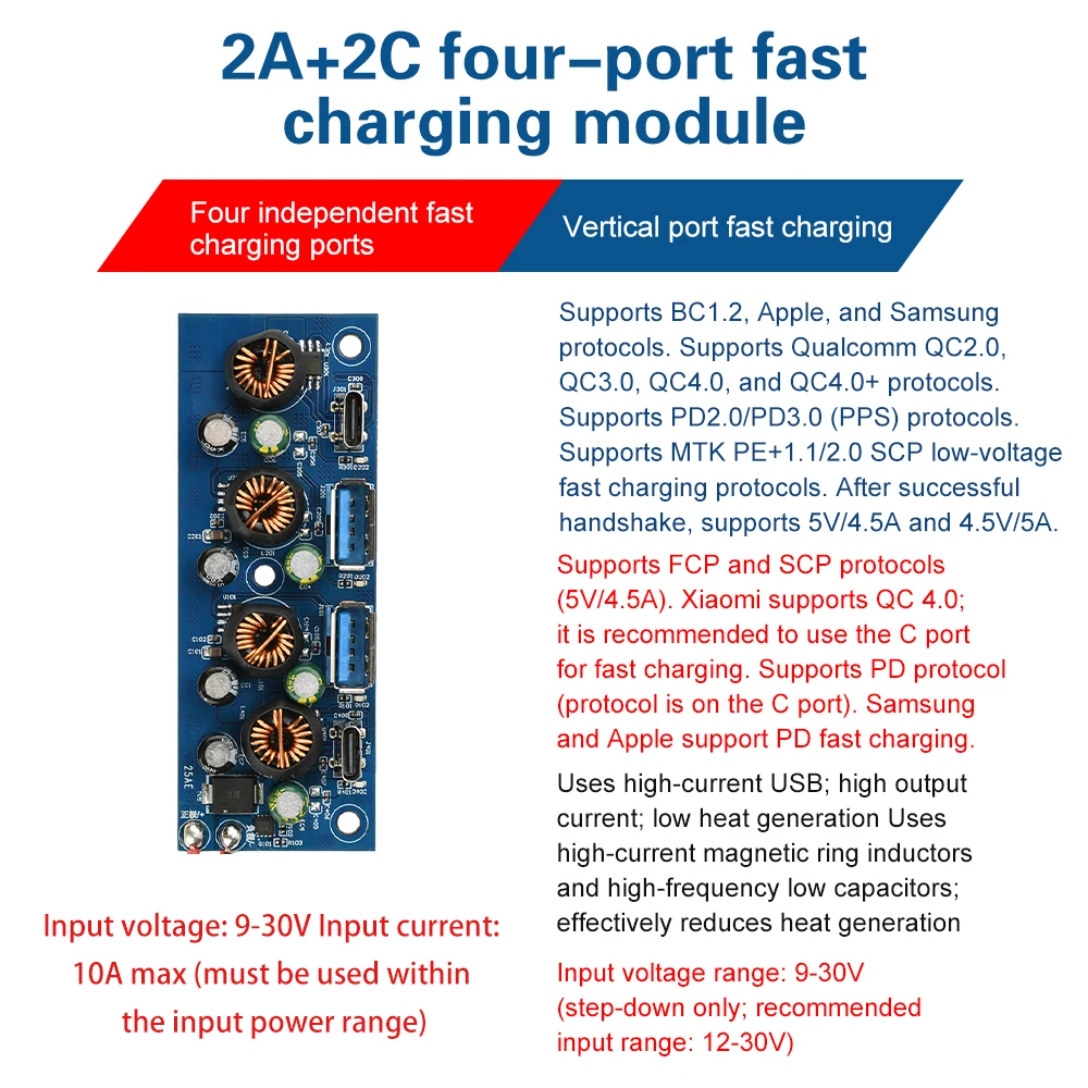 90W QC/PD3.0 Quick Charge Module With 4 Ports DC 9-30V to Type-C USB A 10A Multi-Protocol Fast Charger Module for Car Power